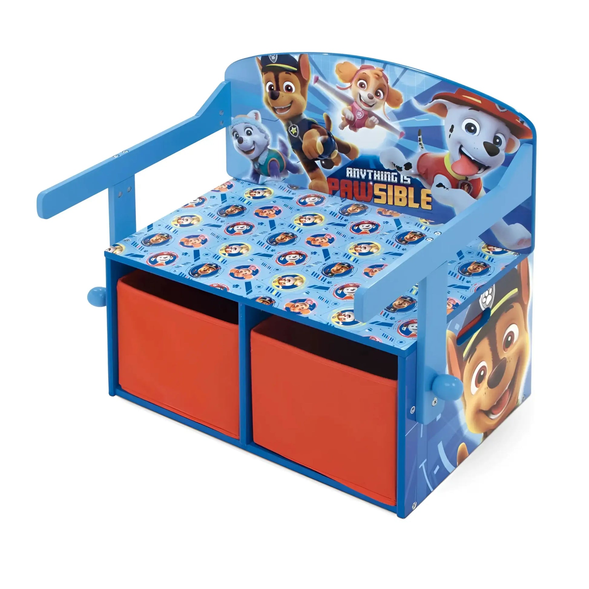 3 en 1 Banco para juguetes de madera convertible escritorio con dos cestas almacenamiento la Patrulla Canina - Pupitre