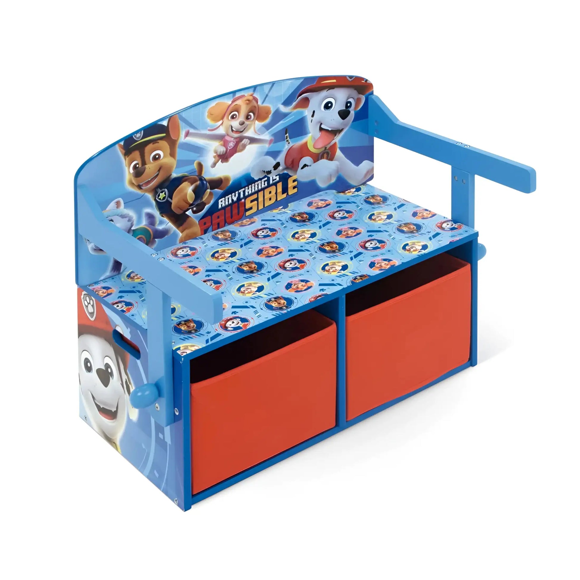 3 en 1 Banco para juguetes de madera convertible escritorio con dos cestas almacenamiento la Patrulla Canina - Pupitre