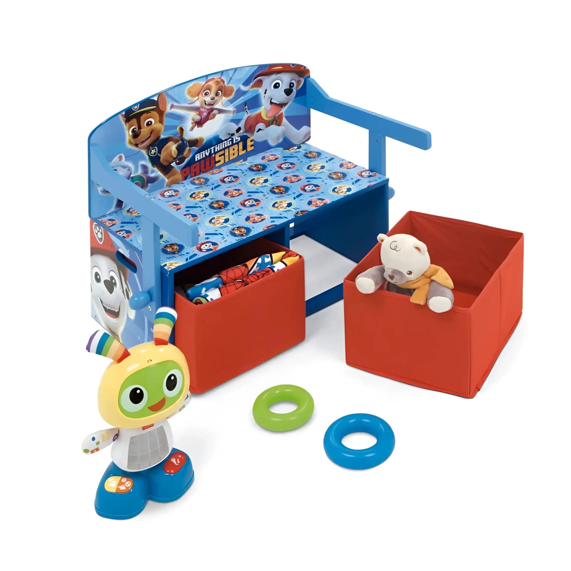 3 en 1 Banco para juguetes de madera convertible escritorio con dos cestas almacenamiento la Patrulla Canina - Pupitre