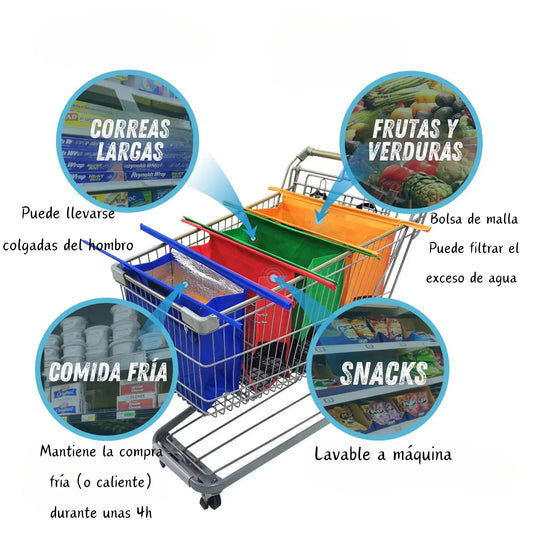 Bolsas reutilizables y plegables para supermercado – Set de 4 bolsas ecológicas carrito compras