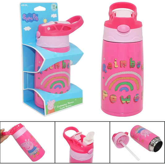 Botella Agua Infantil Acero Inoxidable 400 ml Peppa Pig | Antifugas con Tapa Botón Ideal Viaje Deporte y Mochila