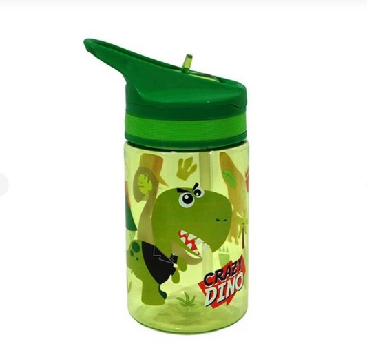 Botella cantimplora CRAZY DINO 400ml con pajita- Ideal para el Cole y el Parque