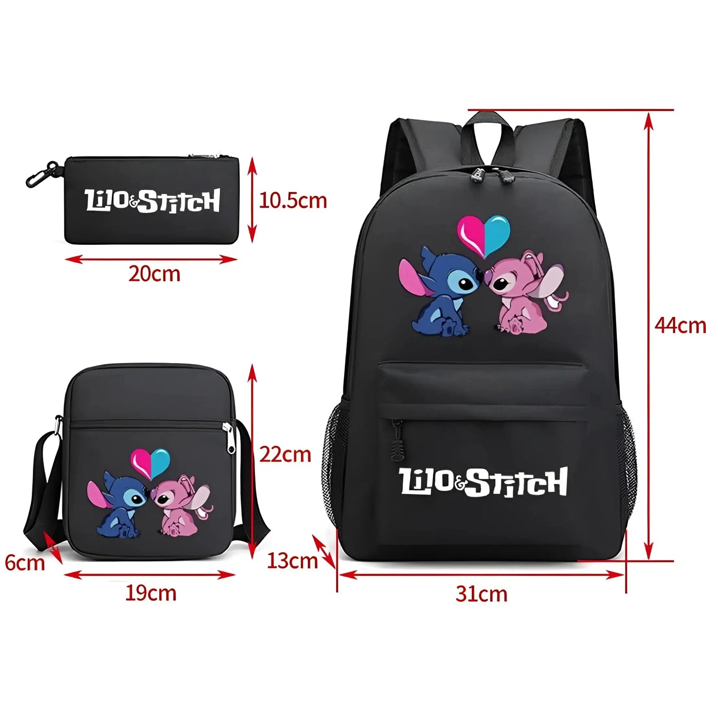 Mochila Escolar Stitch Set 3 Piezas para Niños y Adolescentes—Set de Estuche Bandolera Diseño Dibujos Animados Moda