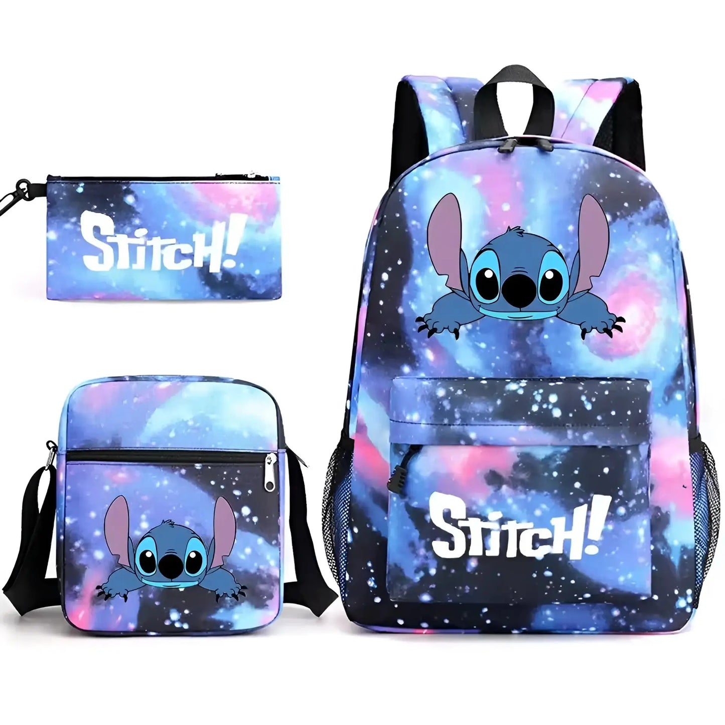 Mochila Escolar Stitch Set 3 Piezas para Niños y Adolescentes—Set de Estuche Bandolera Diseño Dibujos Animados Moda