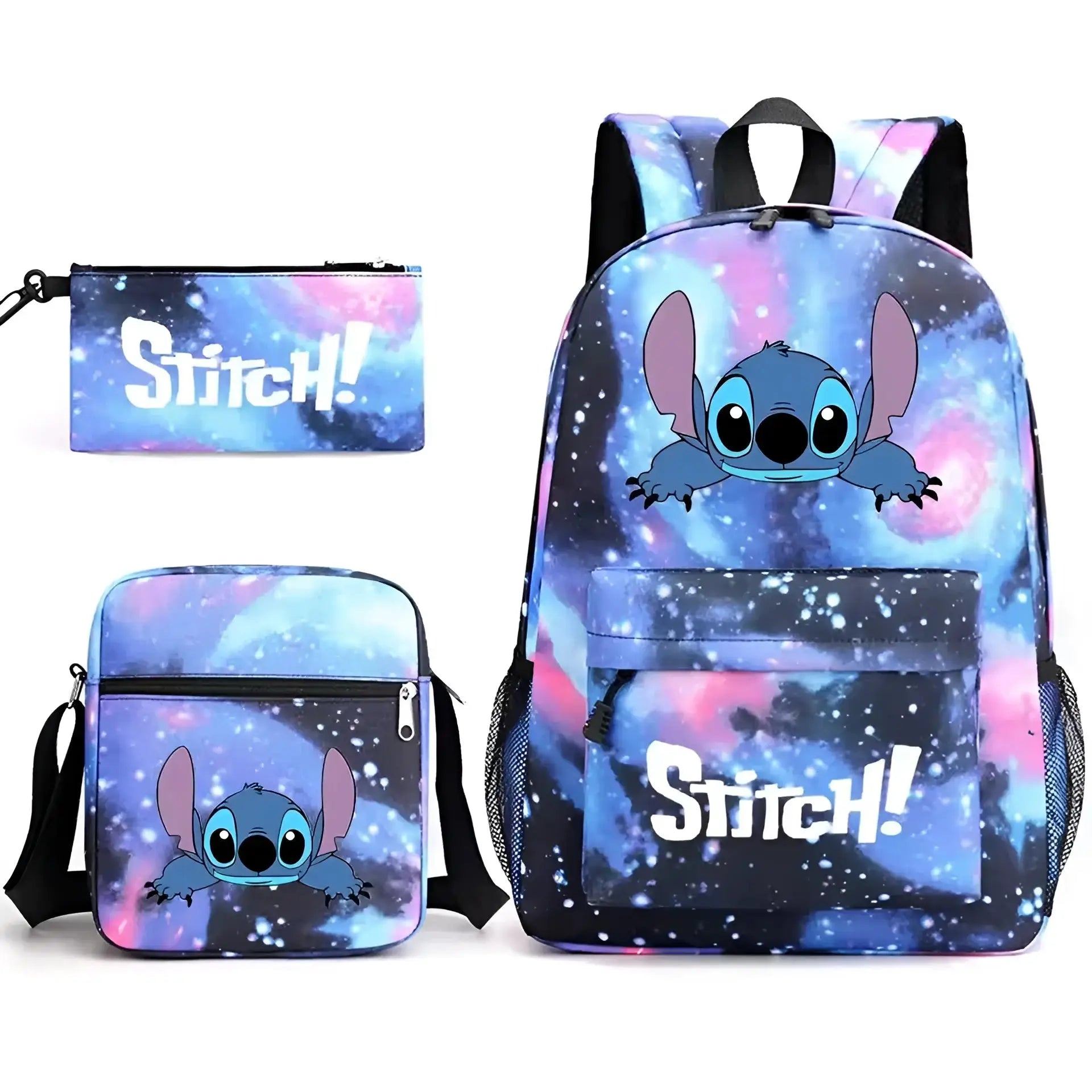 Mochila Escolar Stitch Set 3 Piezas para Niños y Adolescentes—Set de Estuche Bandolera Diseño Dibujos Animados Moda