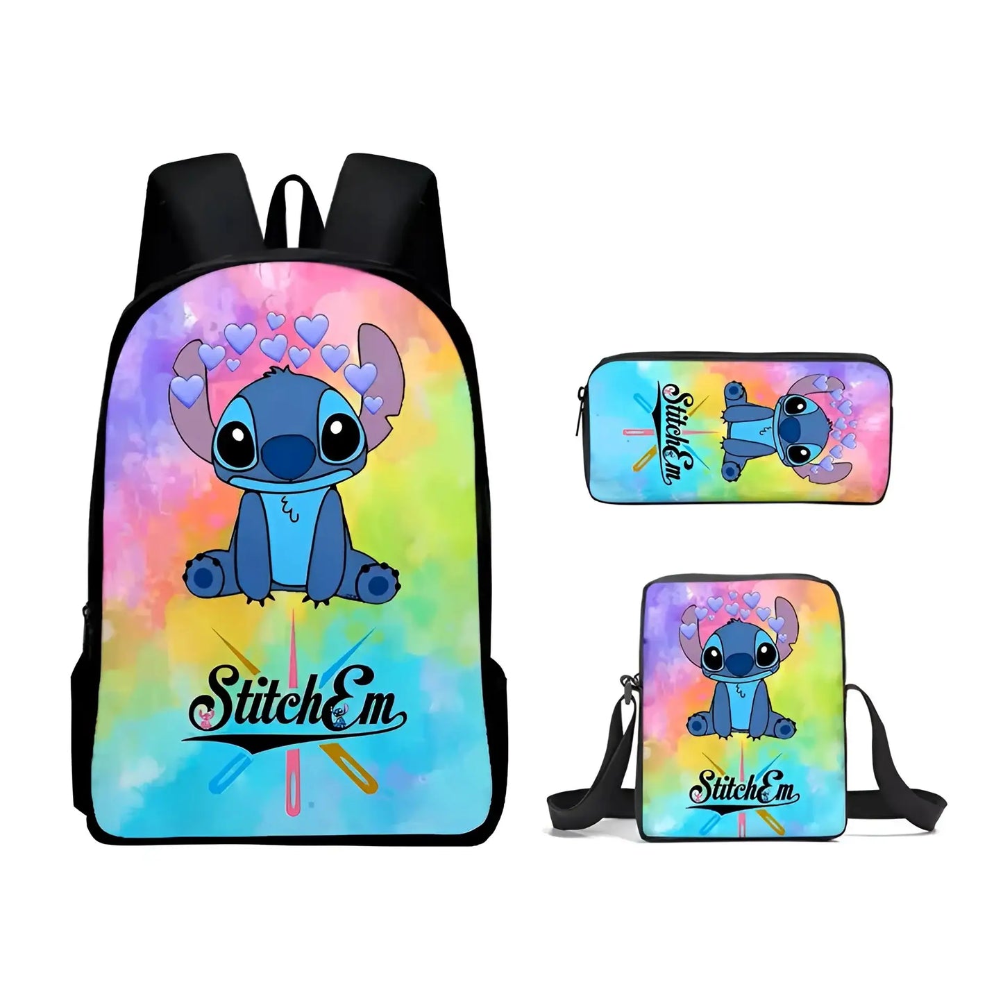 Mochila Escolar Stitch Set 3 Piezas para Niños y Adolescentes—Set de Estuche Bandolera Diseño Dibujos Animados Moda