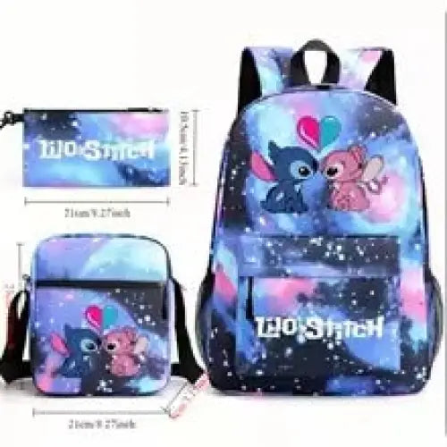 Mochila Escolar Stitch Set 3 Piezas para Niños y Adolescentes—Set de Estuche Bandolera Diseño Dibujos Animados Moda