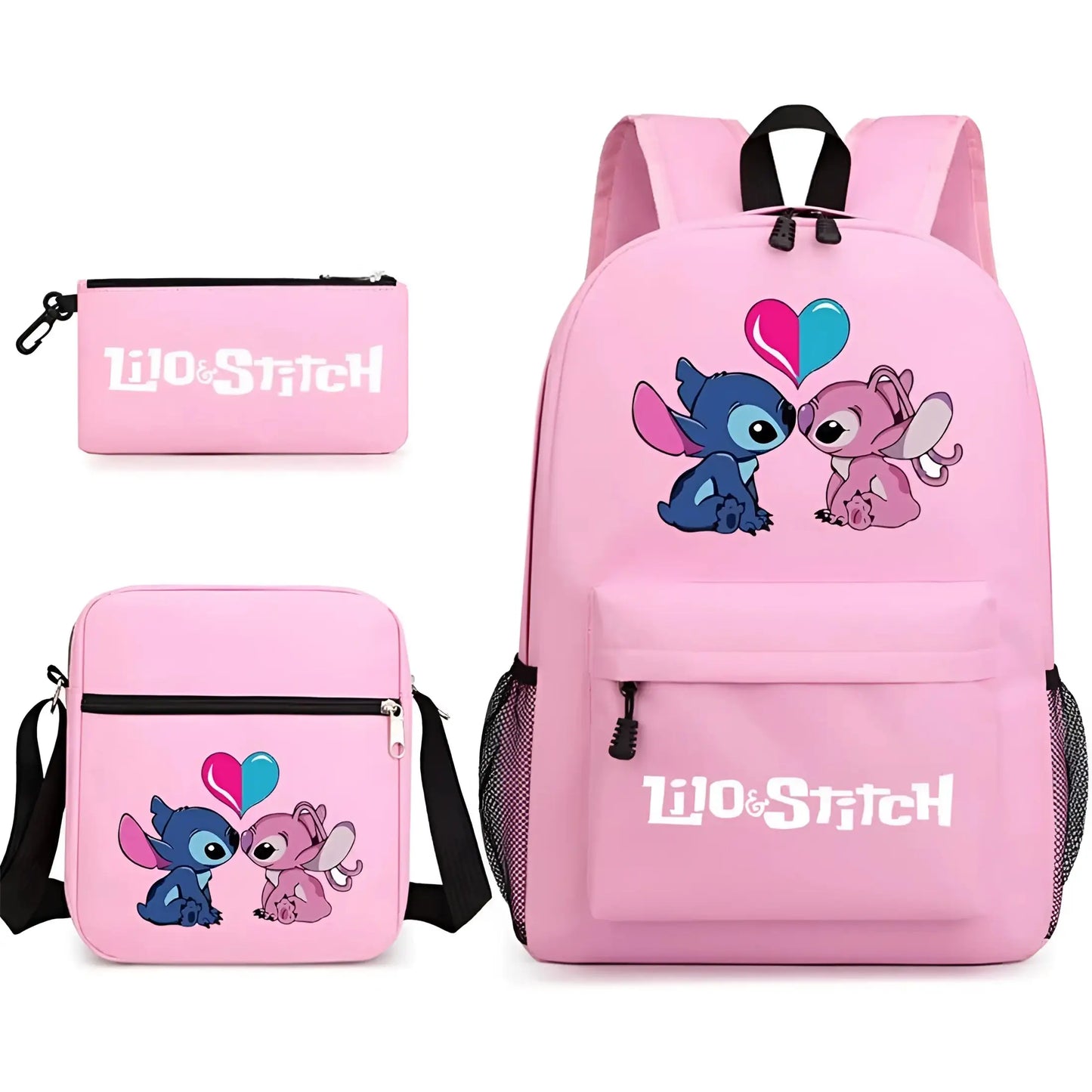 Mochila Escolar Stitch Set 3 Piezas para Niños y Adolescentes—Set de Estuche Bandolera Diseño Dibujos Animados Moda
