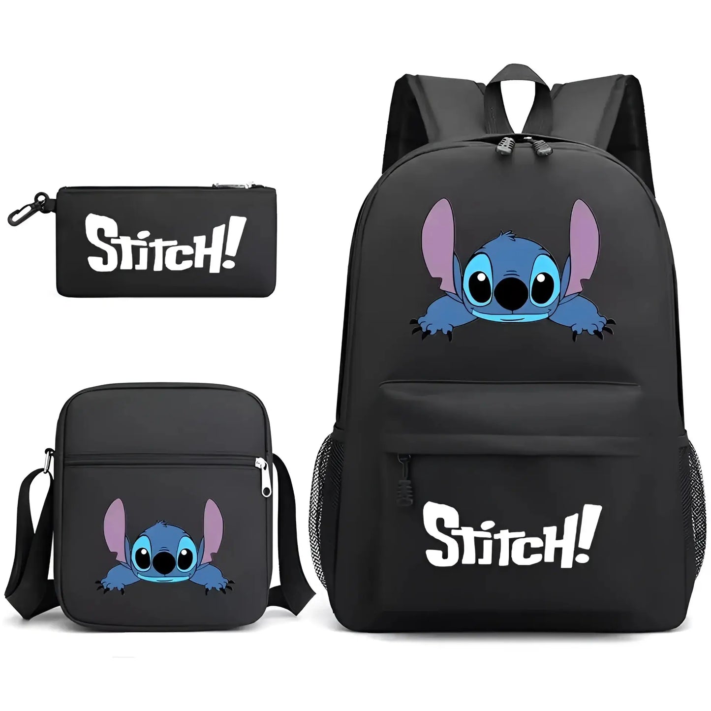 Mochila Escolar Stitch Set 3 Piezas para Niños y Adolescentes—Set de Estuche Bandolera Diseño Dibujos Animados Moda