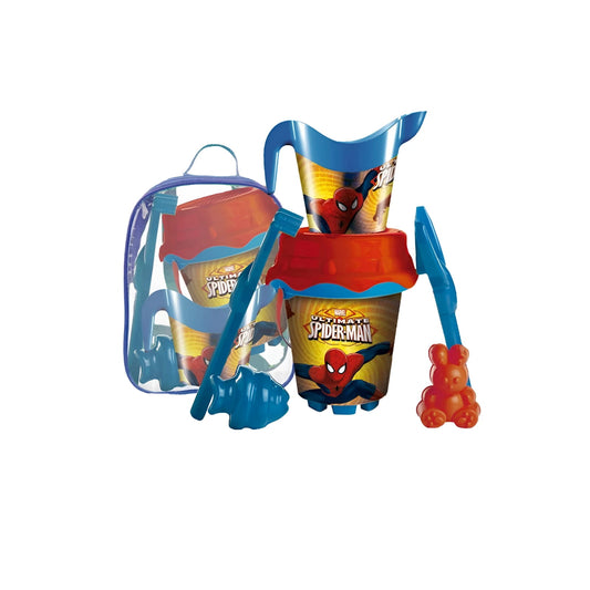 Mochila Spiderman con cubo de playa cedazo pala rastrillo y moldes 18cm - Cubo
