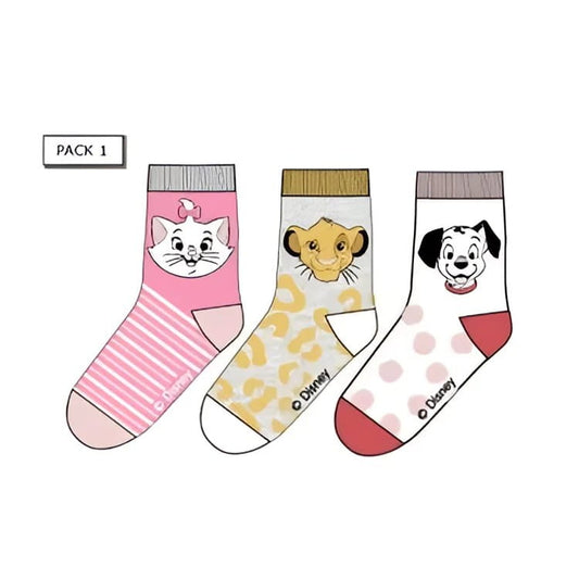 Pack 3 calcetines infantiles DISNEY con MARIE SIMBA Y 101 DÁLMATAS rosa 31/34