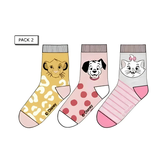 Pack 3 calcetines infantiles DISNEY con MARIE SIMBA Y 101 DÁLMATAS amarillo 23/26
