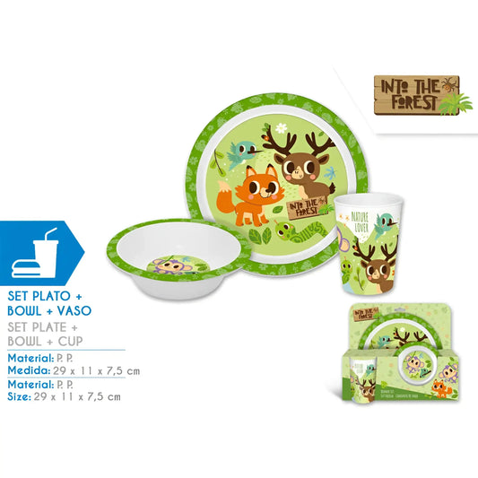 Set plato + bol + vaso animales del bosque plástico - set