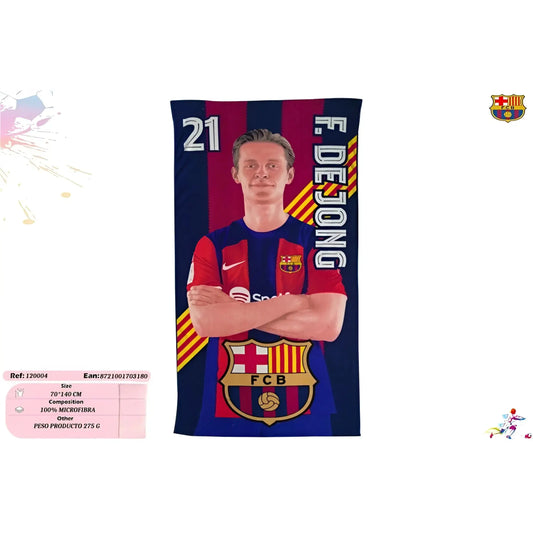 Toalla Playa Piscina Infantil FC Barcelona F. de Jong 70x140cm microfibra para niños y adultos