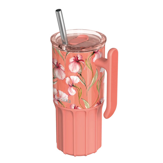 Vaso Térmico Acero Inoxidable QUOKKA UMI FLORAL CORAL 720ML con pajita