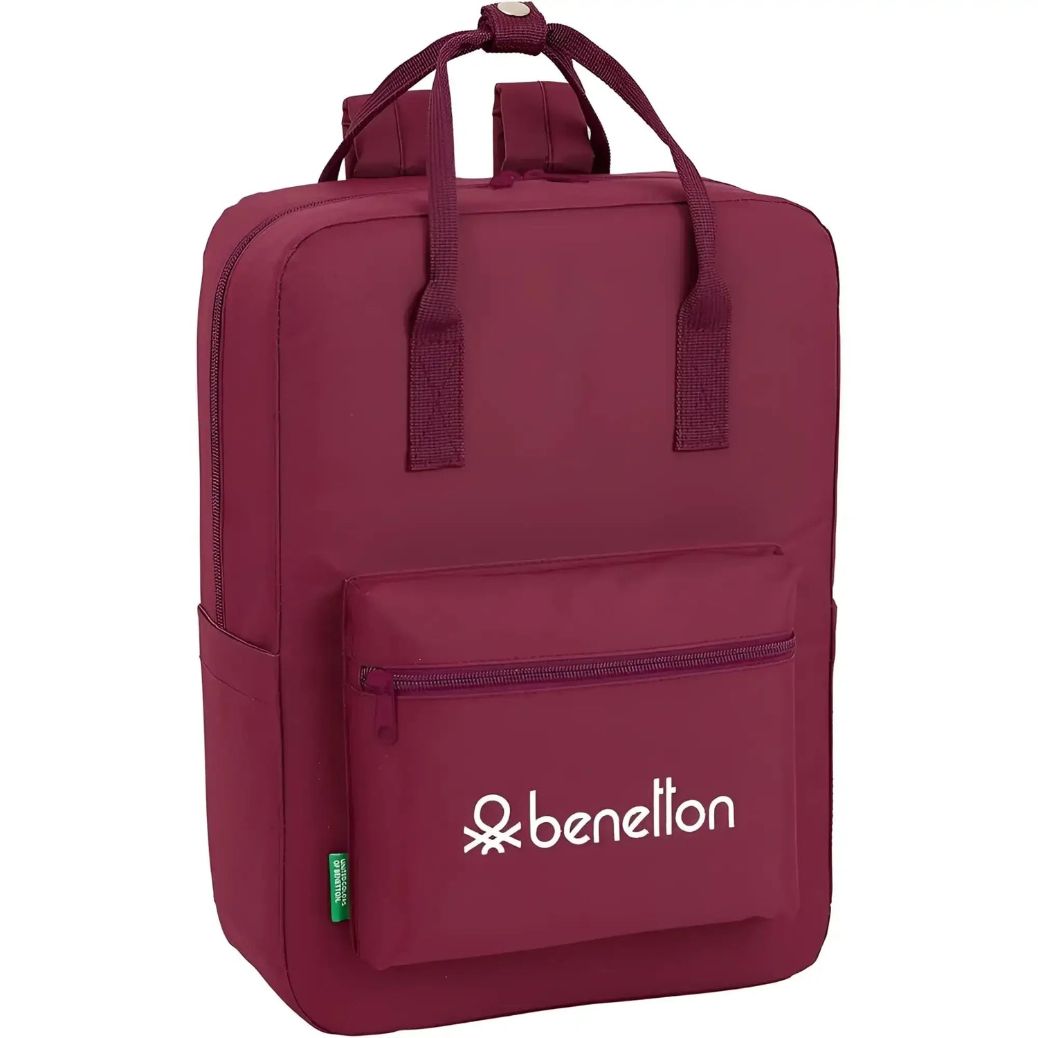 Mochila Benetton burdeos con bolsillo frontal con cremallera y asas superiores.