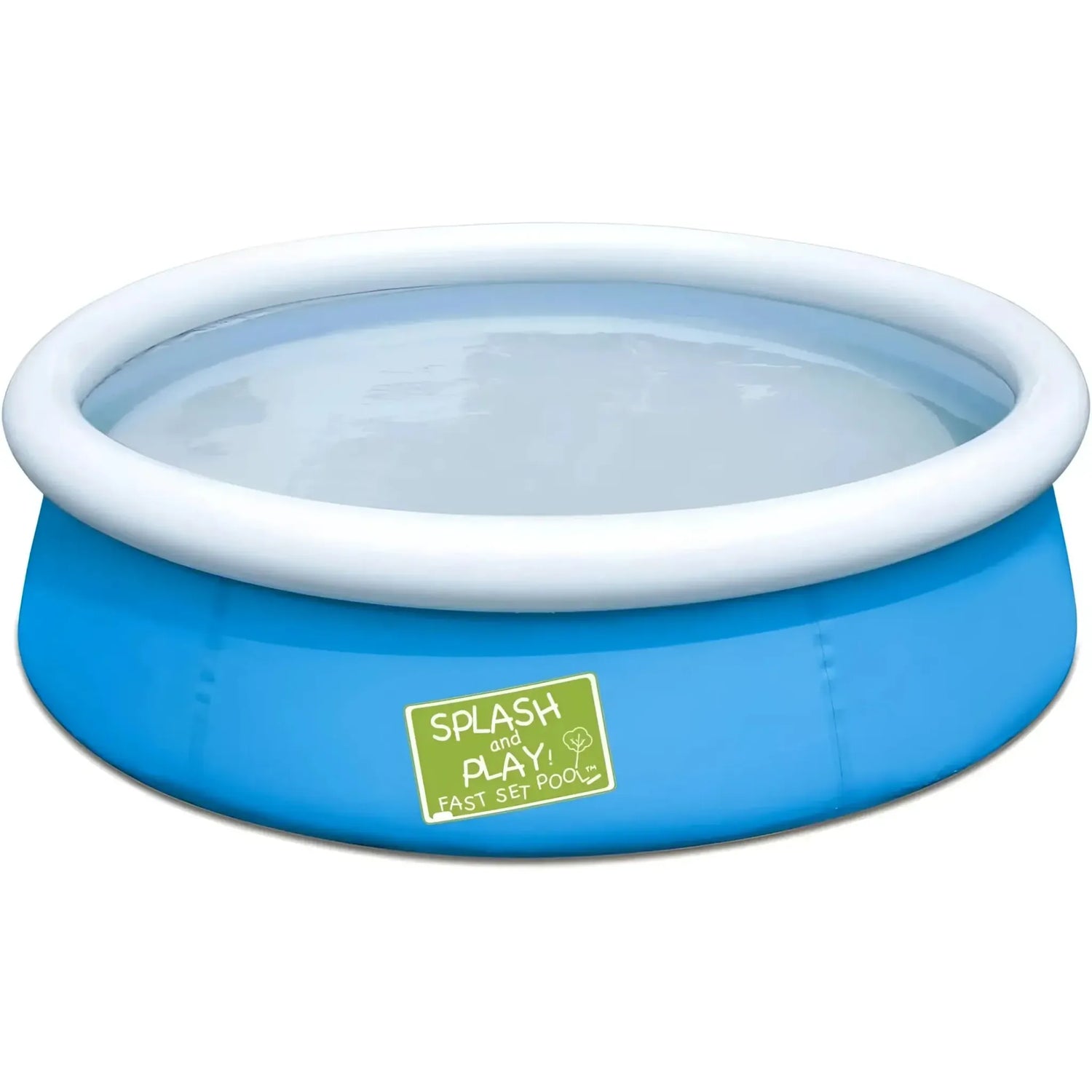 Piscina inflable Bestway azul y blanca con etiqueta verde splash and play fast set.