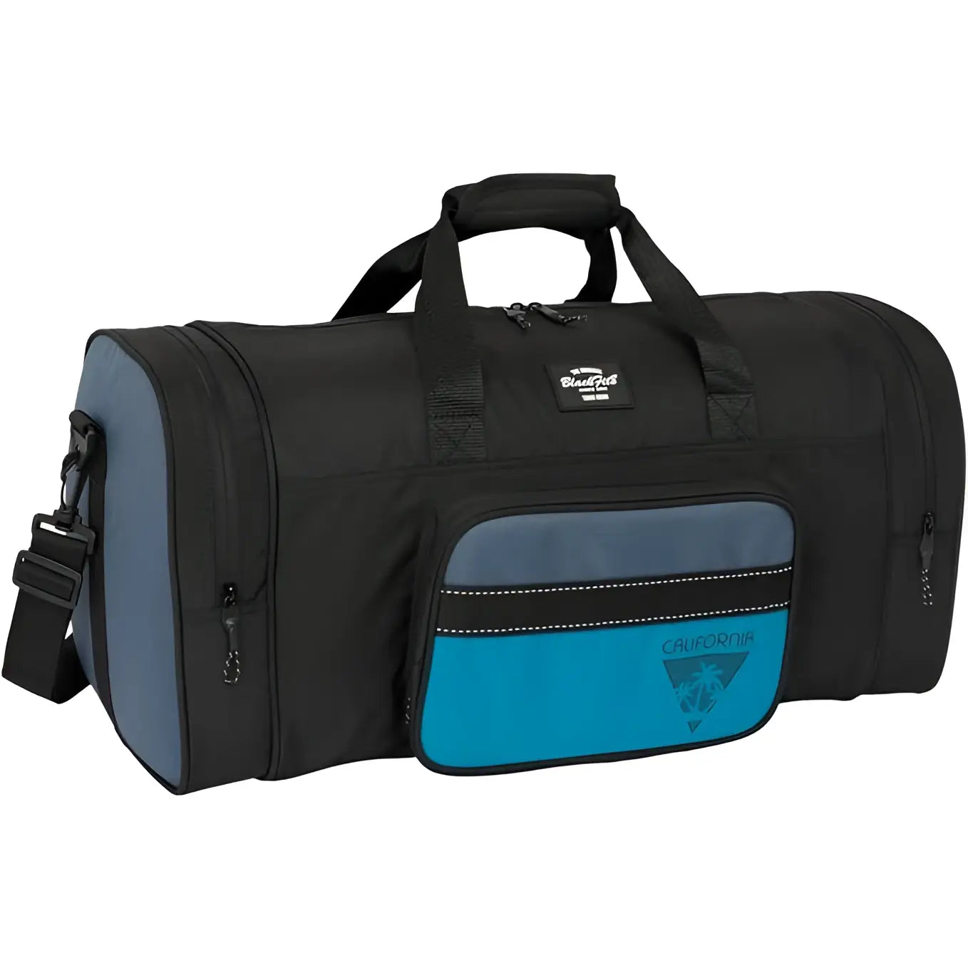 Bolsa de lona negra y turquesa con parche logo California en colección BLACKFIT8.