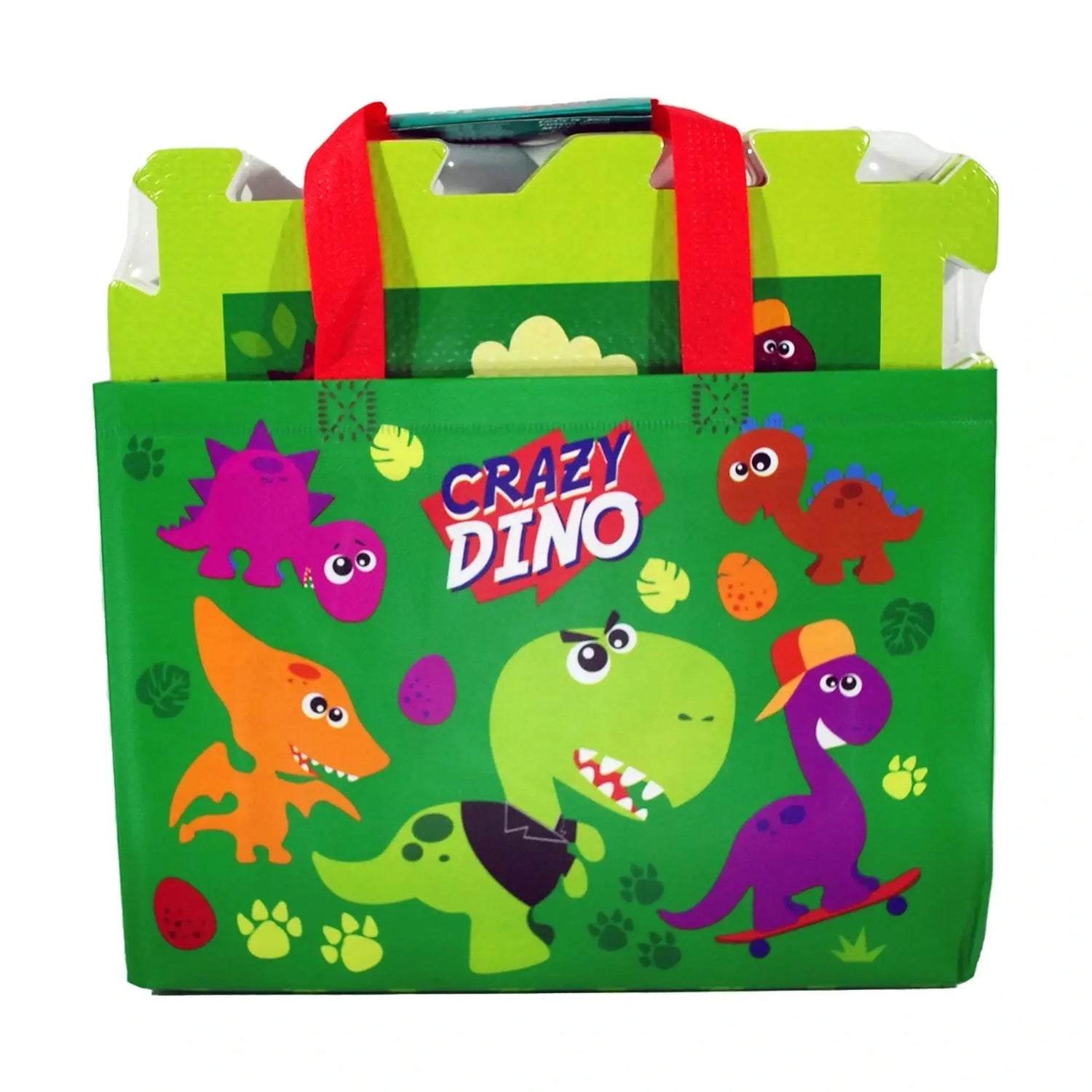 Bolsa reutilizable Dino Loco verde con dinosaurios de colores y asas rojas.