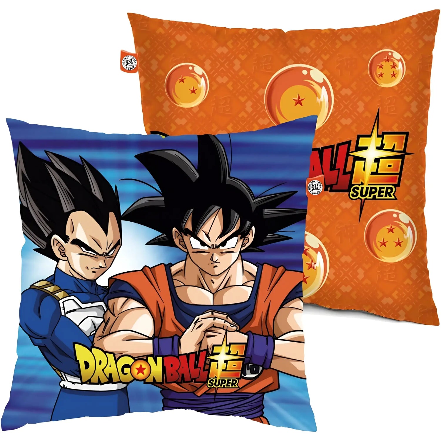 Cojín Dragon Ball Super naranja y azul con Goku y Vegeta en poses de batalla.
