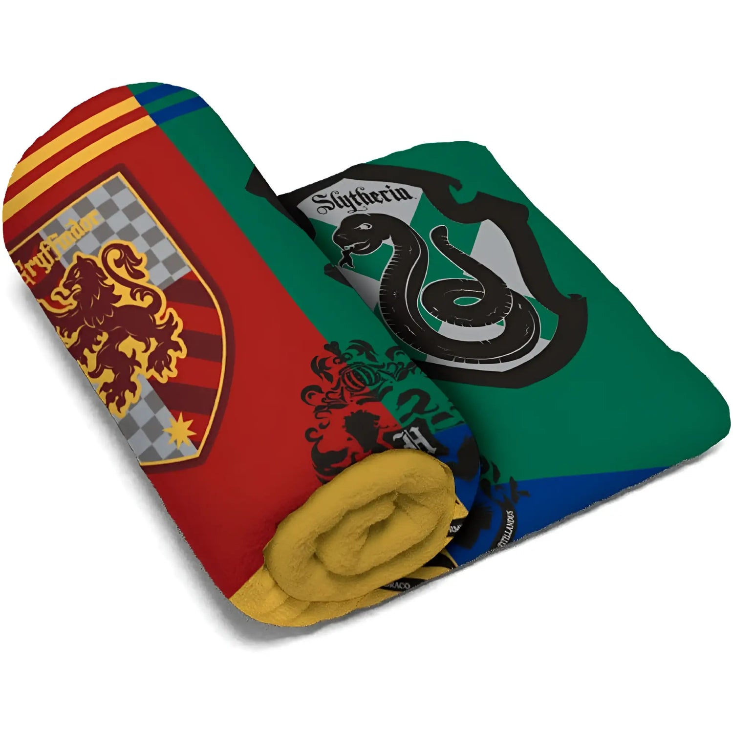 Manta enrollada de Harry Potter con emblemas de Gryffindor y Slytherin.