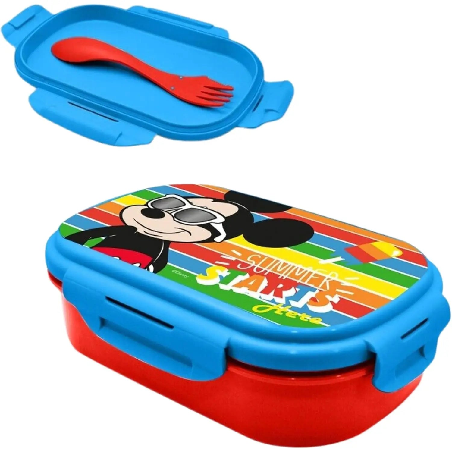 Caja bento de plástico azul y roja con diseño de Mickey Mouse en la tapa.