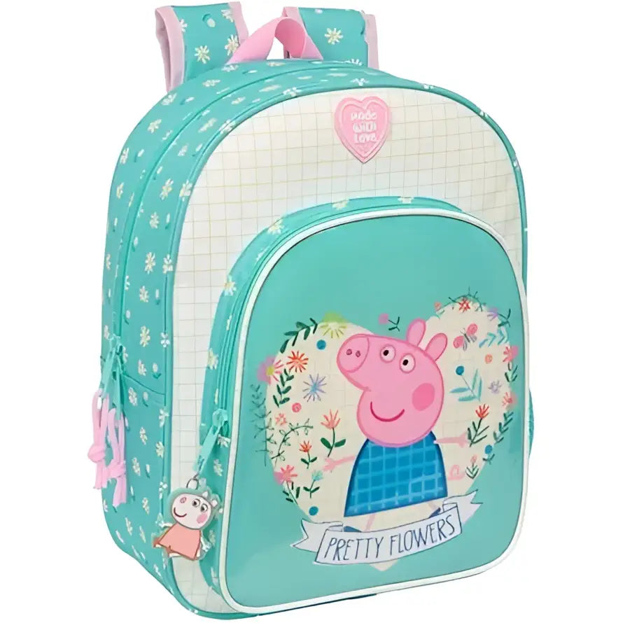 Mochila infantil Peppa Pig en teal y rosa con diseño floral y encanto colgante.