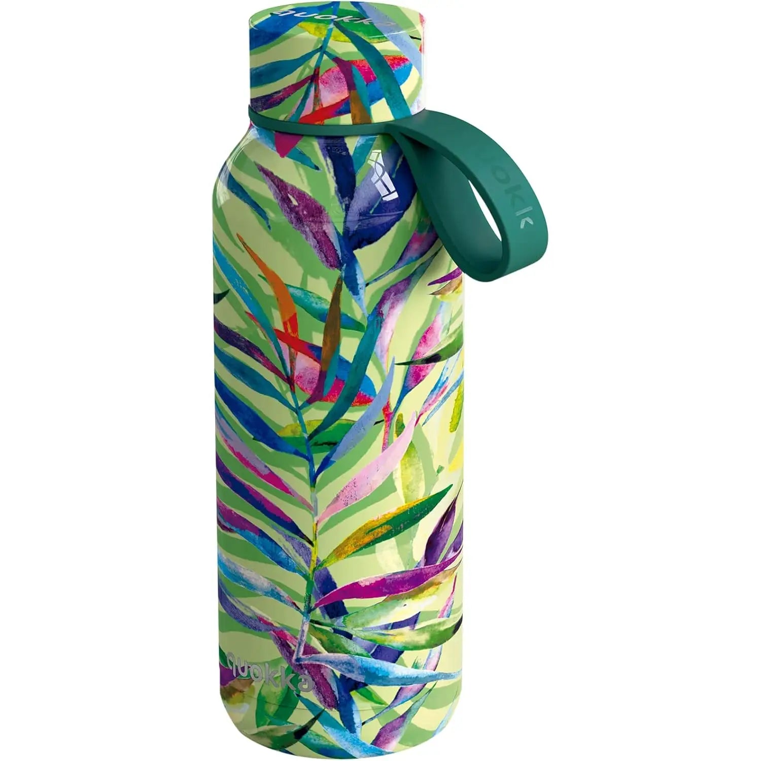Botella de agua vibrante con patrón de hojas tropicales en la colección Quokka.