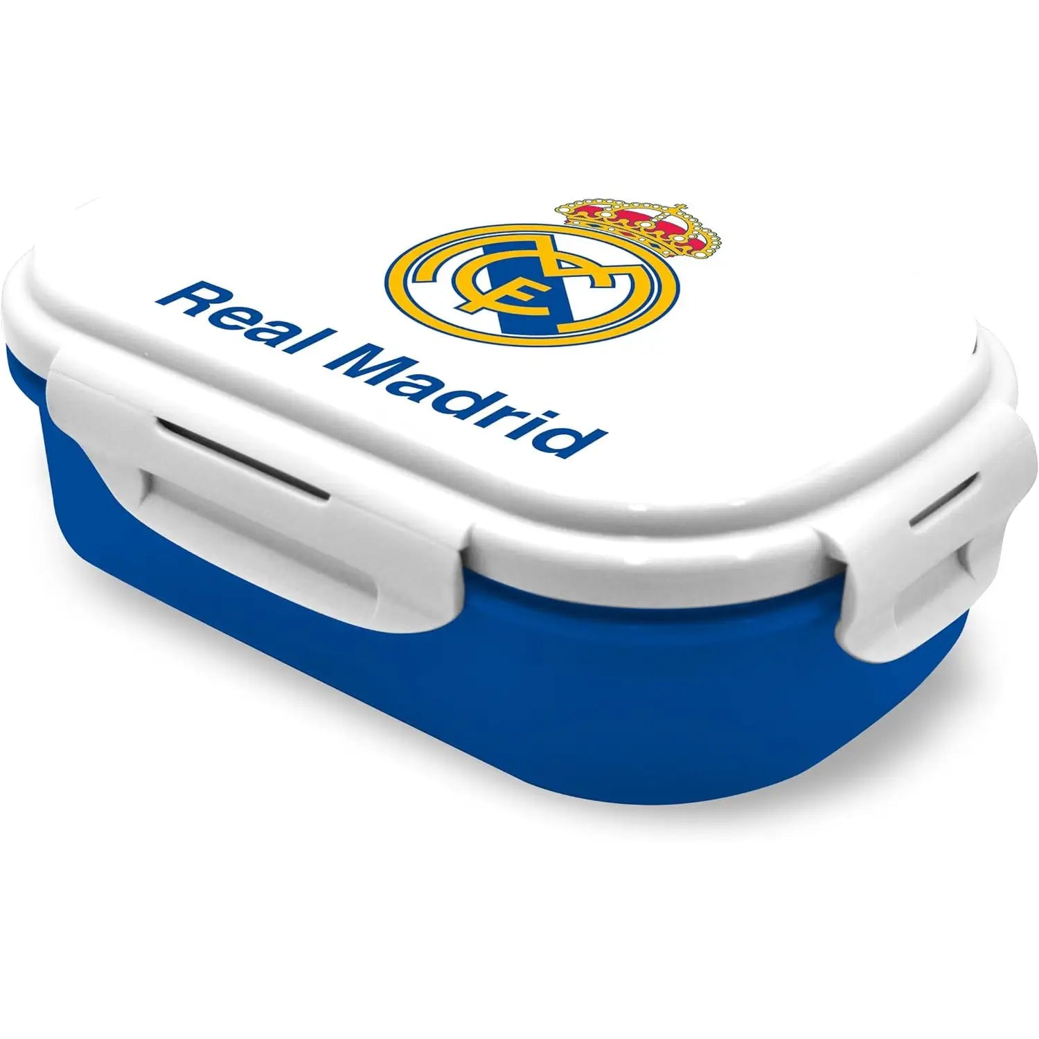 Caja bento azul y blanca de Real Madrid con logo en la tapa
