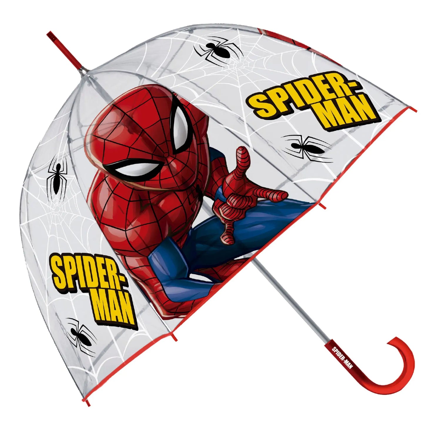 Paraguas transparente Spider-Man con gráficos rojo y azul, telarañas negras y mango rojo curvo.