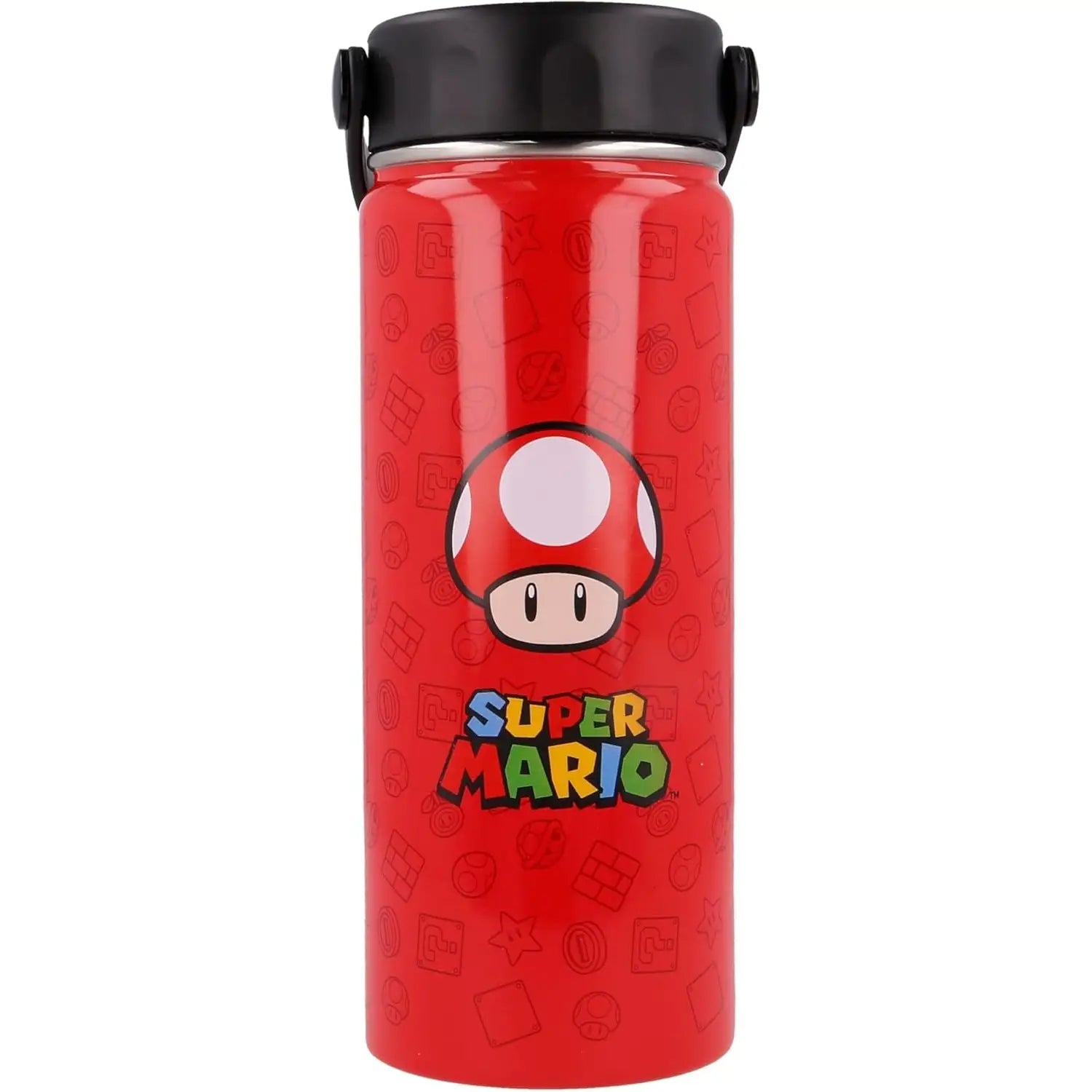 Botella de agua roja aislada con tapa negra, personaje de hongo de Super Mario.
