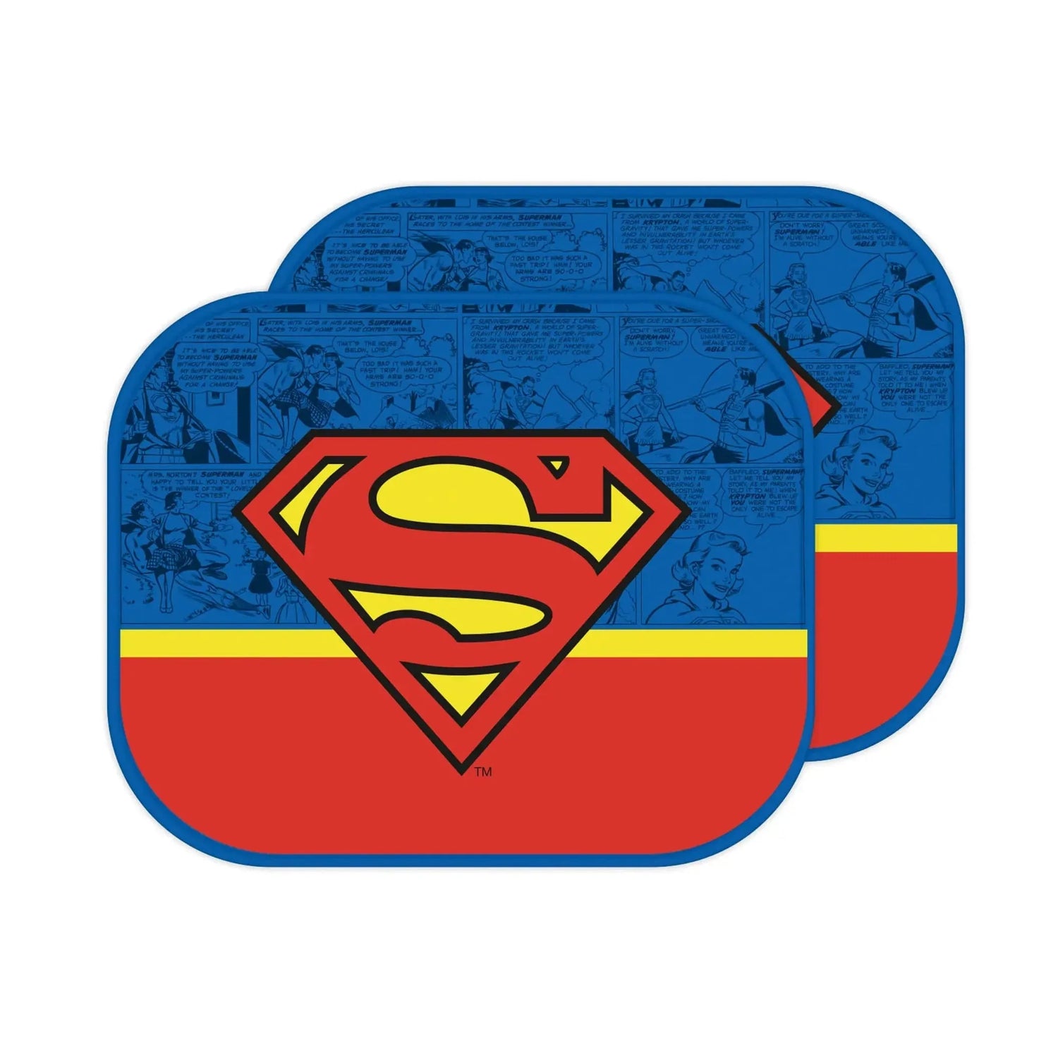 Manteles Superman azules y rojos con escudo S y paneles de cómics.