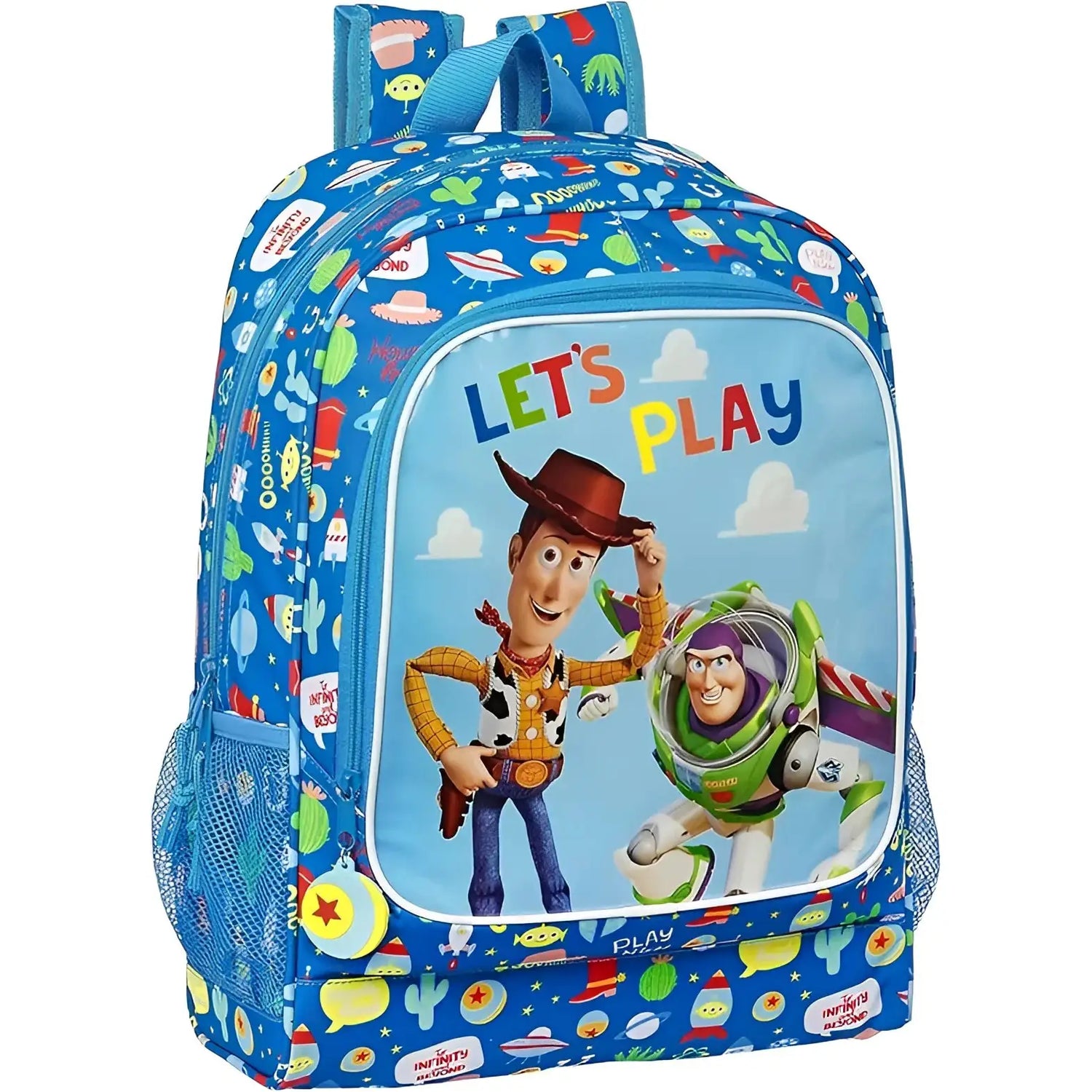 Mochila Toy Story azul con Woody y Buzz, diseño vamos a jugar y patrones espaciales.