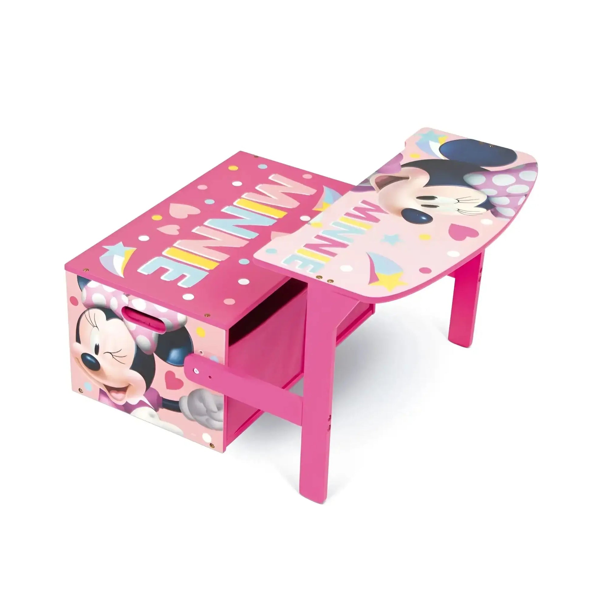3 en 1 Banco para juguetes de madera convertible escritorio con dos cestas almacenamiento MINNIE MOUSE DISNEY - Pupitre