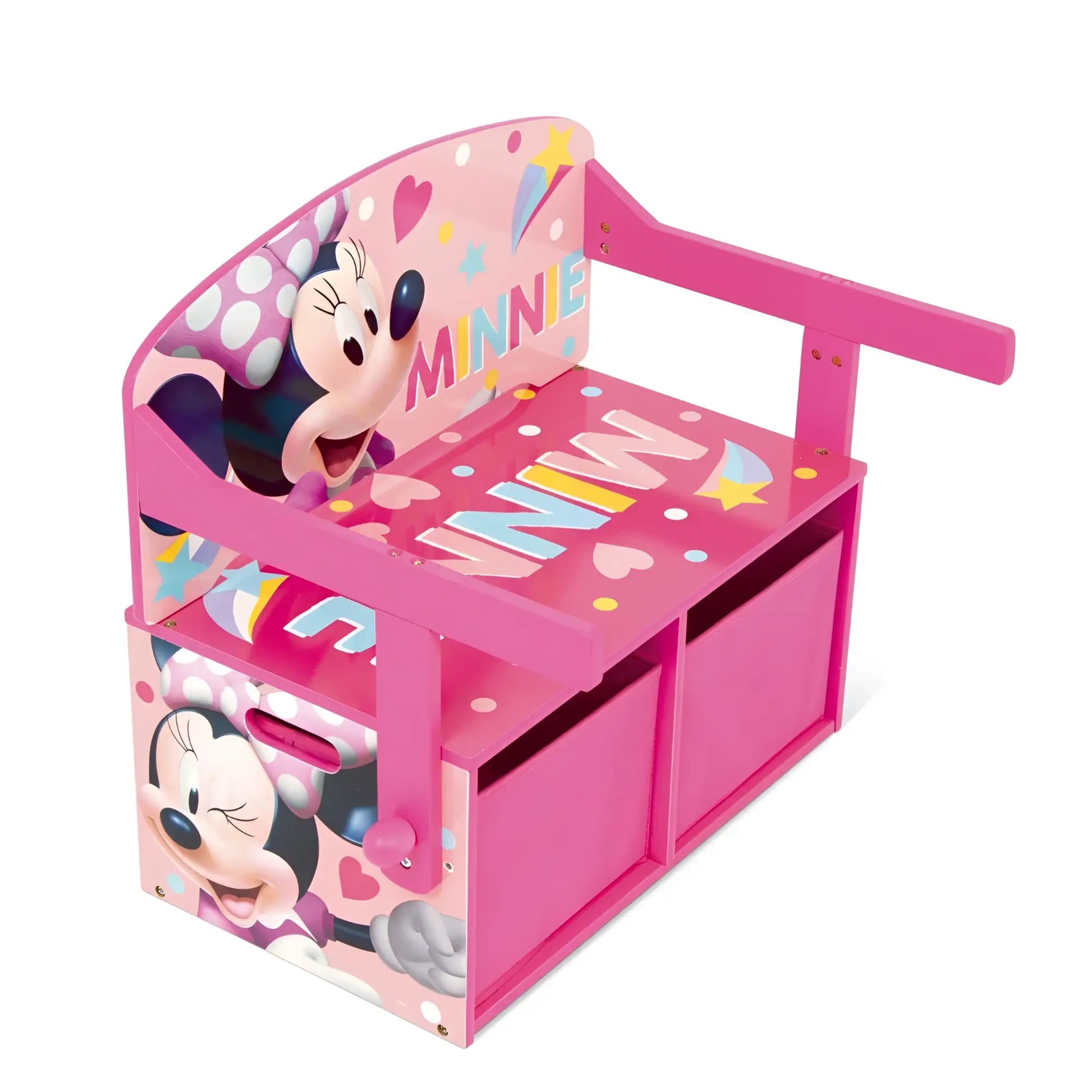 3 en 1 Banco para juguetes de madera convertible escritorio con dos cestas almacenamiento MINNIE MOUSE DISNEY - Pupitre