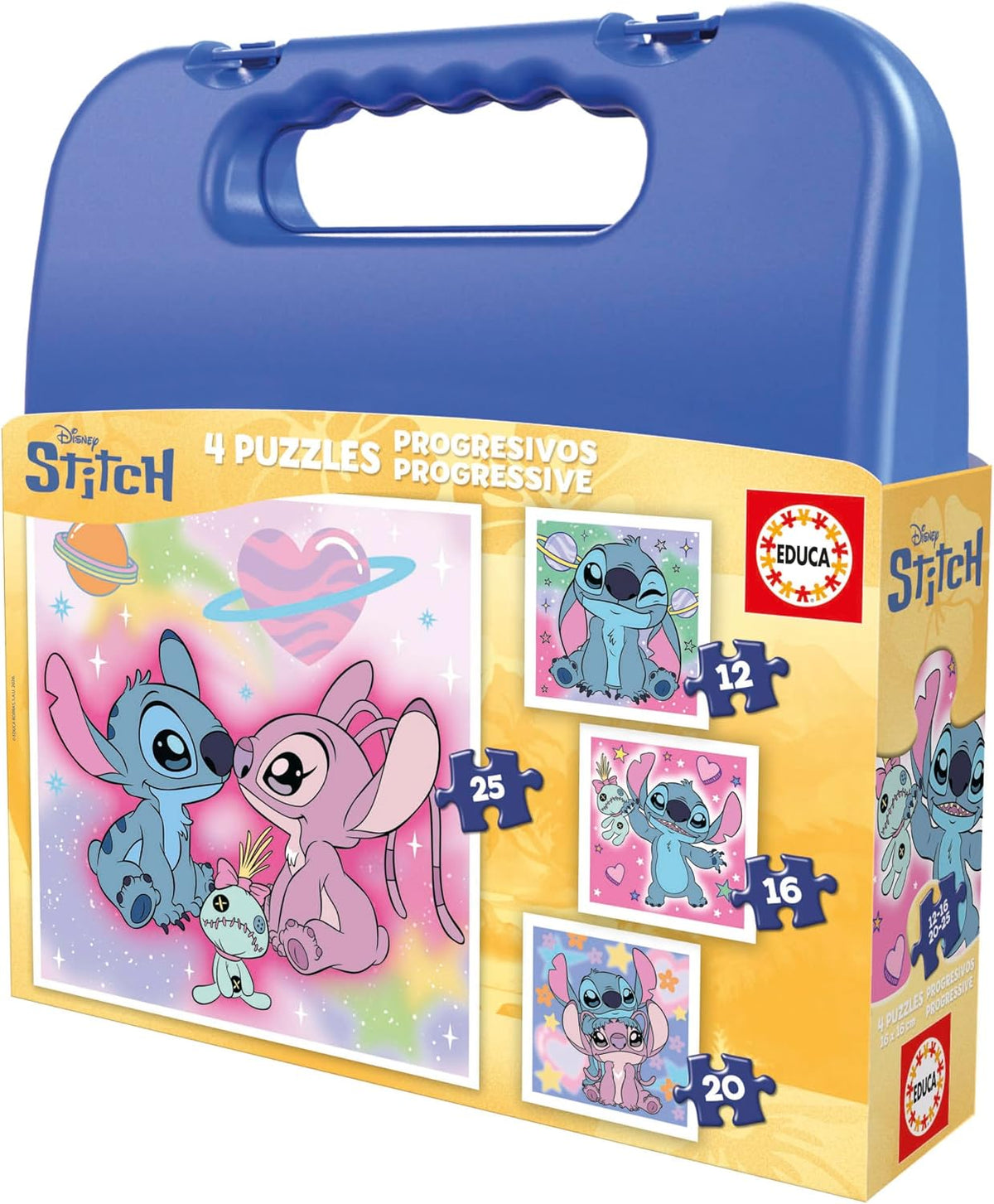 Puzzles progresivos 12-16-20-25 piezas Stitch y Angel en maletín