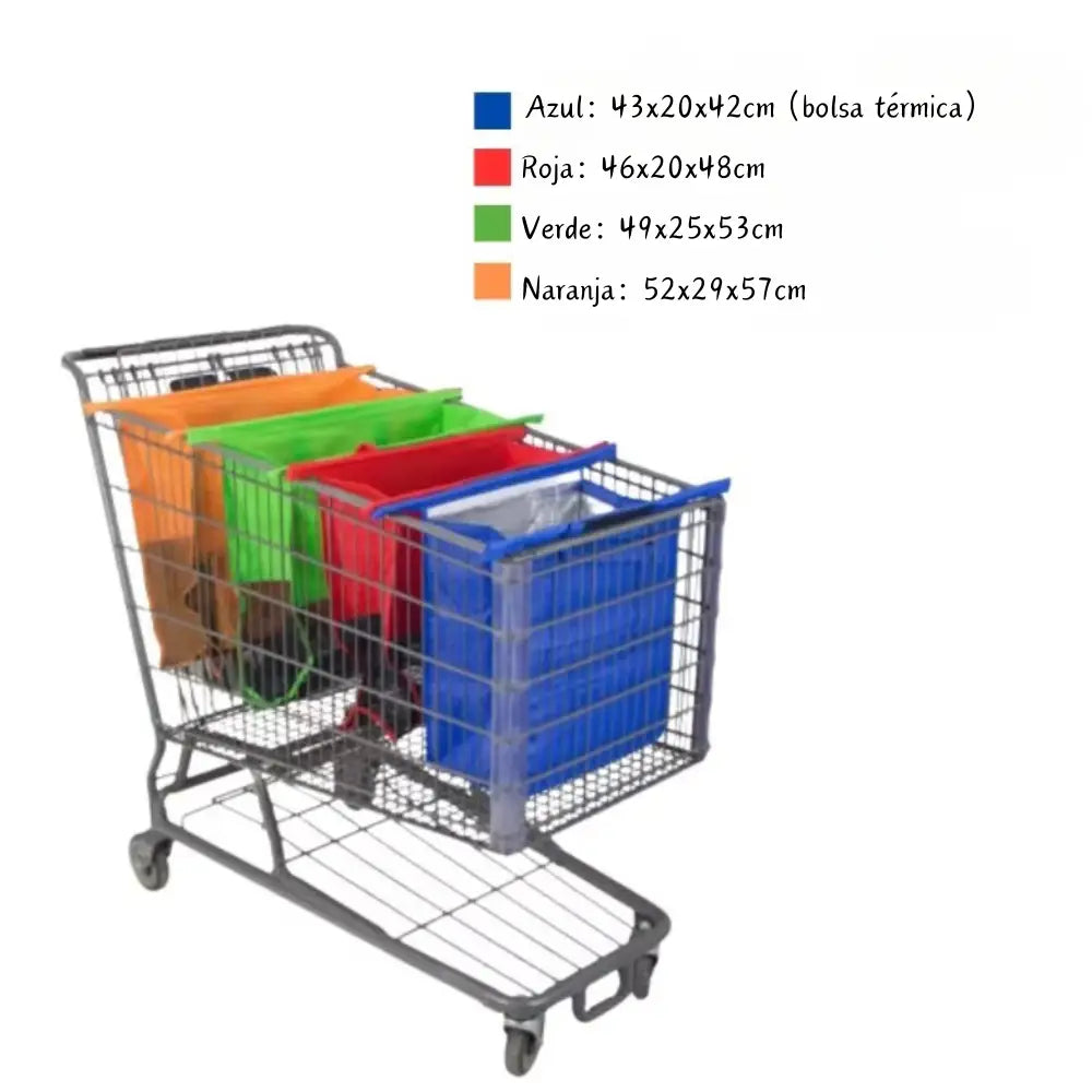 Bolsas reutilizables y plegables para supermercado – Set de 4 bolsas ecológicas carrito compras
