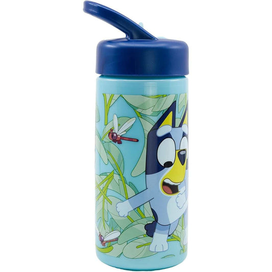 botella de agua deportiva azul con pajita y asa de 410ml