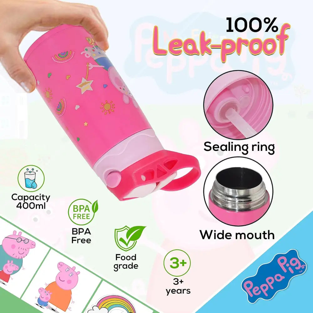 Botella Agua Infantil Acero Inoxidable 400 ml Peppa Pig | Antifugas con Tapa Botón Ideal Viaje Deporte y Mochila