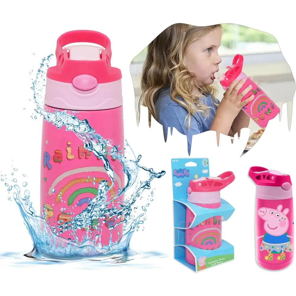 Botella Agua Infantil Acero Inoxidable 400 ml Peppa Pig | Antifugas con Tapa Botón Ideal Viaje Deporte y Mochila