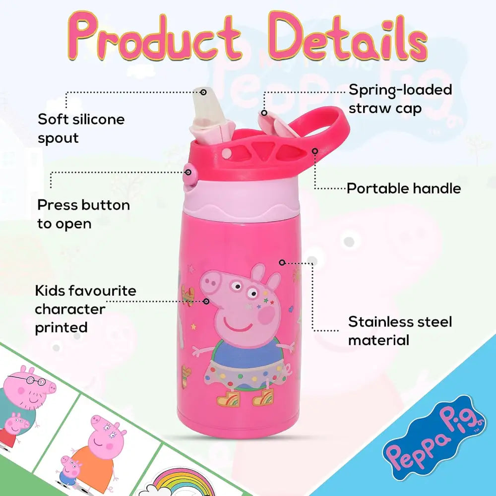 Botella Agua Infantil Acero Inoxidable 400 ml Peppa Pig | Antifugas con Tapa Botón Ideal Viaje Deporte y Mochila