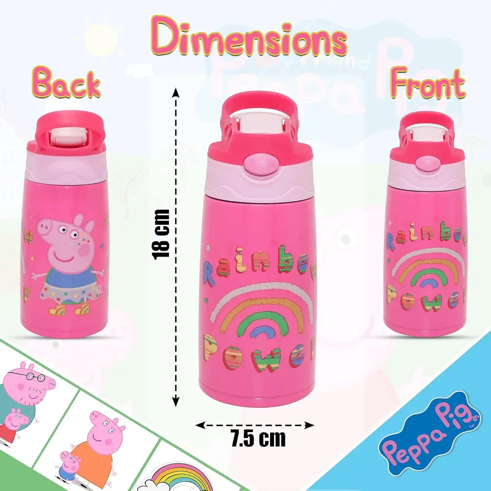 Botella Agua Infantil Acero Inoxidable 400 ml Peppa Pig | Antifugas con Tapa Botón Ideal Viaje Deporte y Mochila
