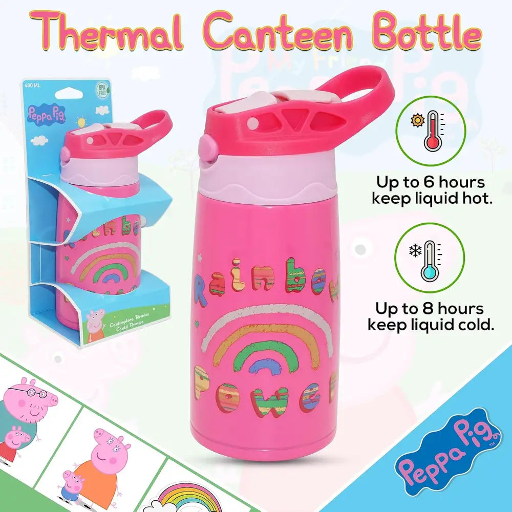 Botella Agua Infantil Acero Inoxidable 400 ml Peppa Pig | Antifugas con Tapa Botón Ideal Viaje Deporte y Mochila