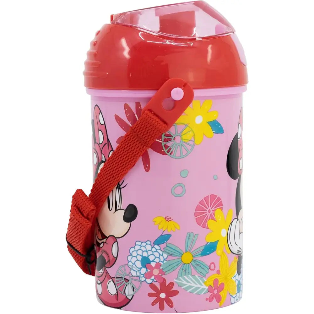 Botella Cantimplora de agua infantil Minnie 450ml| para niños con correa y pajita