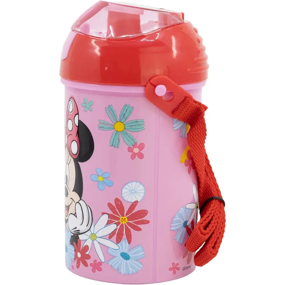Botella Cantimplora de agua infantil Minnie 450ml| para niños con correa y pajita