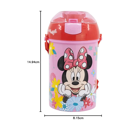 Botella Cantimplora de agua infantil Minnie 450ml| para niños con correa y pajita