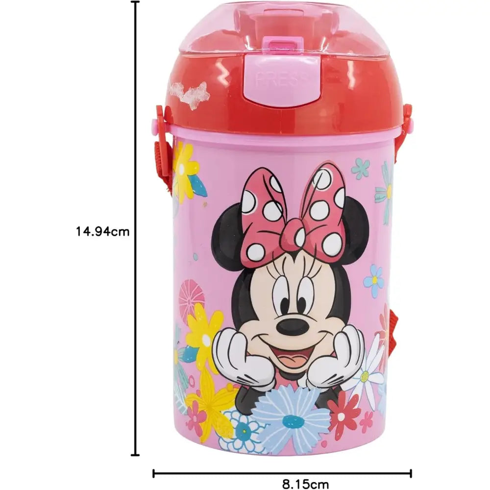 Botella Cantimplora de agua infantil Minnie 450ml| para niños con correa y pajita
