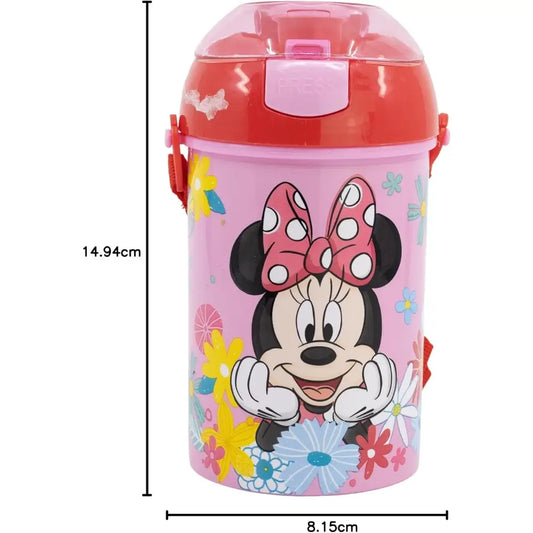 Botella Cantimplora de agua infantil Minnie 450ml| para niños con correa y pajita