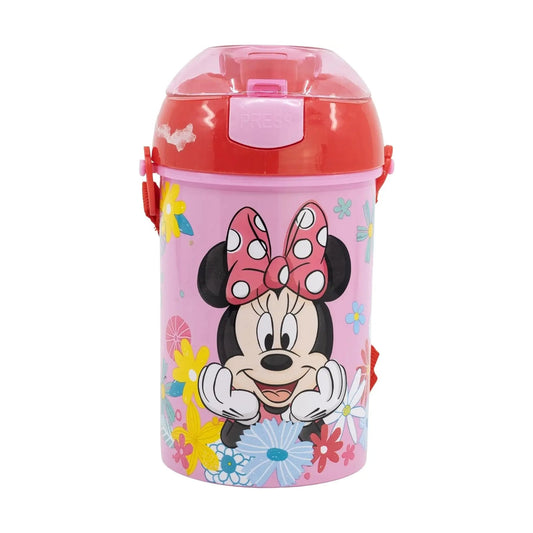 Botella Cantimplora de agua infantil Minnie 450ml| para niños con correa y pajita