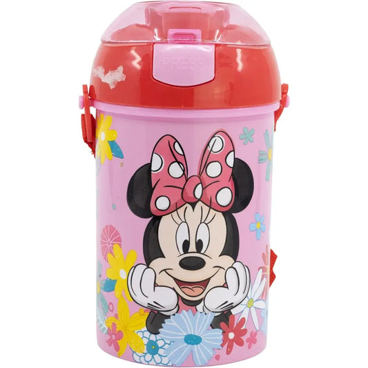 Botella Cantimplora de agua infantil Minnie 450ml| para niños con correa y pajita